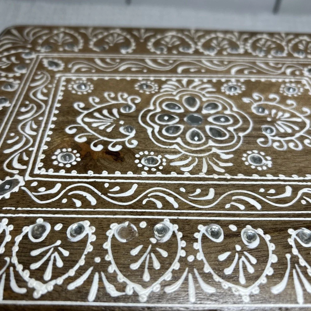 Teak Wood Hand Painted Box Embellished Approx 9.5x7.5x4.5 inches